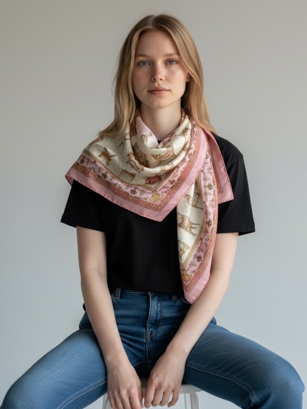 Gucci ✨NEW CONDITION ✨Silk Scarf with Antique Chair Motif — Pink & Cream - Picture 2 of 7